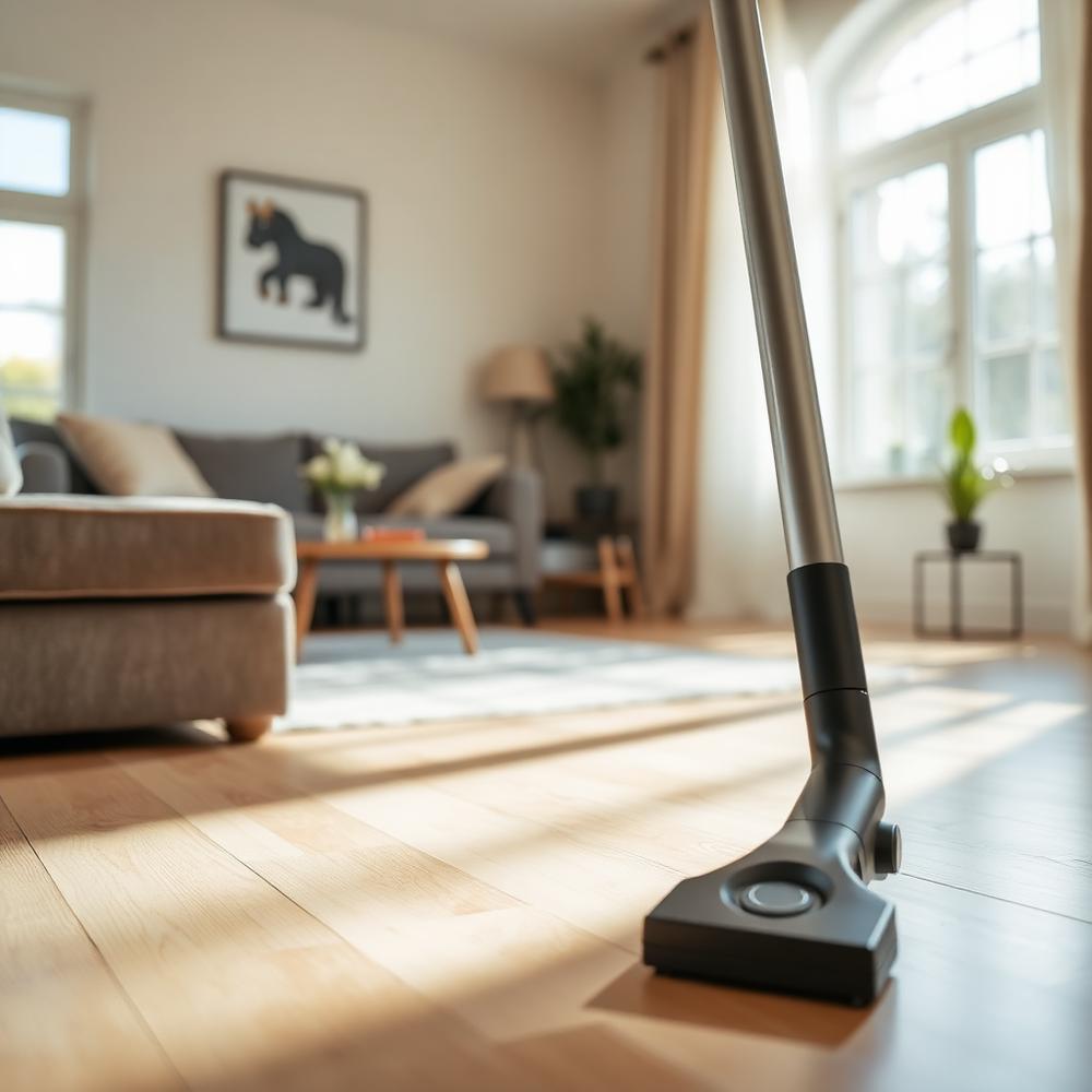 Vacuum on a clean hardwood floor in a sunlit living room